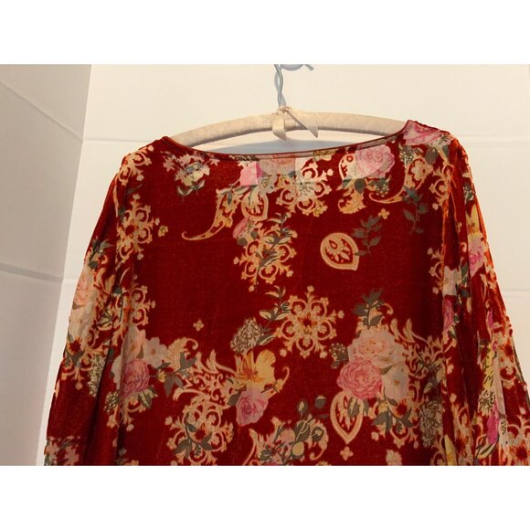 JOHNNY WAS Burnout Velvet SILK BLEND  Floral Boho Tunic Top Red Pink Roses L Lon - Picture 13 of 14